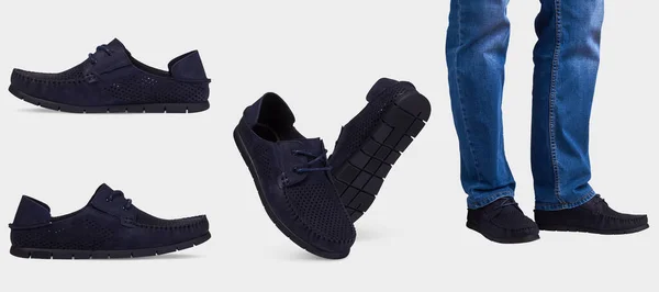 男式羊皮蓝色夏鞋 有穿孔和弹性黑色鞋底 被白色背景隔离 — 图库照片