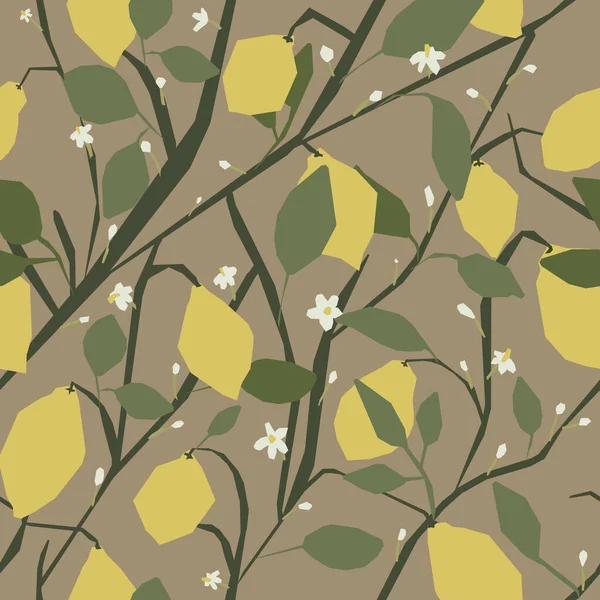 Seamless Pattern Lemons Leaves Flowers Low Poly — Stock Vector