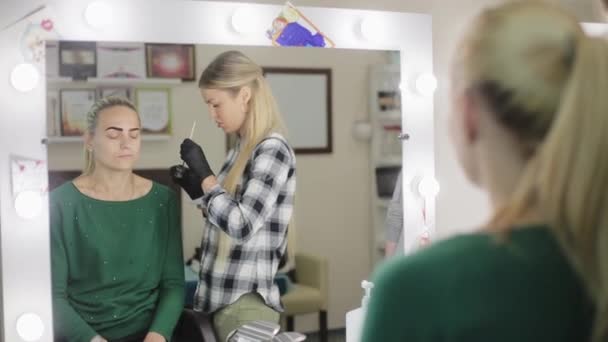 Visagist en model. Jonge vrouw met een mooi gezicht. De kunstenaar van de make-up wenkbrauwen tekening aan een mooi meisje met een professionele borstel voor een spiegel in een schoonheidssalon. — Stockvideo