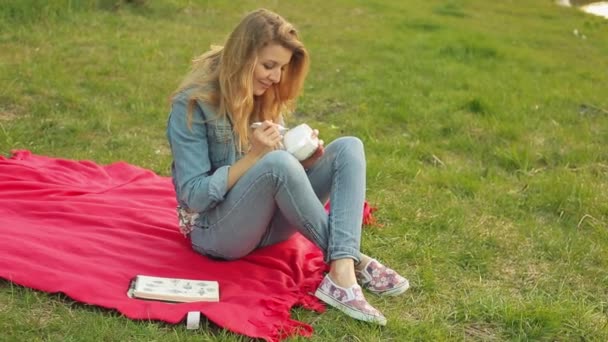 Gros plan des mains féminines dessinant un motif avec de la peinture à partir d'un tube sur une tasse blanche. Fille peint ornement assis sur le plaid rouge dans la soirée sur le coucher du soleil . — Video