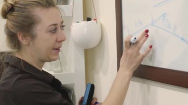 Profesyonel makyaj sanatçısı bir masterclass kaş düzeltme için makyaj tekniklerini öğretir. Bir şey marker ile cam tahtada yazılı erkek.