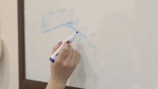 La mano femenina dibuja un marcador azul en una tabla de vidrio. Artista de maquillaje profesional enseña las técnicas de maquillaje en una clase magistral . — Vídeos de Stock