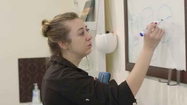 O artista de maquilagem profissional ensina as técnicas da maquilagem em uma masterclass. Jovem mulher de camisa preta desenha sobrancelhas ou outra coisa em placa de vidro com marcador . — Vídeo de Stock