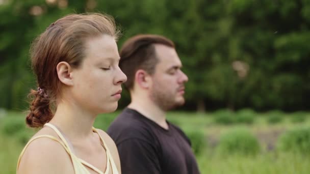 Un hombre y una mujer meditan en la dicha. Jóvenes instructores de yoga practican en un parque de la ciudad sobre hierba verde . — Vídeos de Stock