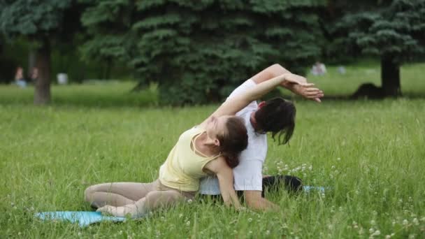 Мужчина и женщина растягиваются перед упражнениями. Молодые инструкторы йоги практикуют в городском парке на зеленой траве. Успешная молодежь выполняет упражнения по акро-йоге . — стоковое видео