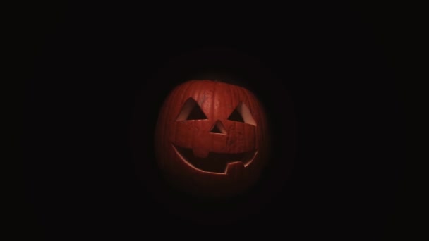 Gruseliger Jack Oleander taucht aus der Dunkelheit auf. isolierter Kürbis zu Halloween oder Allerheiligen auf schwarzem Hintergrund. — Stockvideo