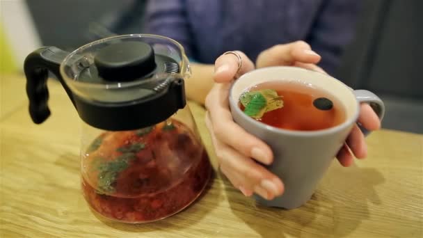 Schattig jong meisje zitten aan de tafel drinken thee en opwarming van de aarde zijn handen. Warme Scandinavische thee met bosbessen en munt. Close-up van Kaukasische vrouwelijke handen. — Stockvideo