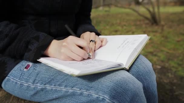 Mujer creativa escribiendo sus esperanzas y sueños de futuro en su cuaderno y haciendo planes . — Vídeo de stock