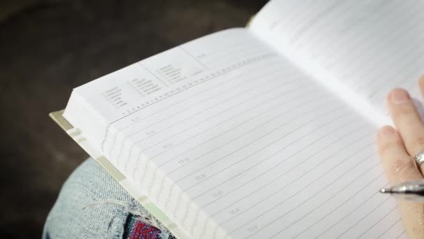 O meu plano diário. A mão de um jovem criativo faz um registro em uma página de bloco de notas ou planejador . — Vídeo de Stock