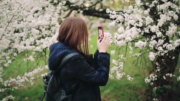 Chica hipster casual con un teléfono en un floreciente jardín de primavera . — Vídeos de Stock