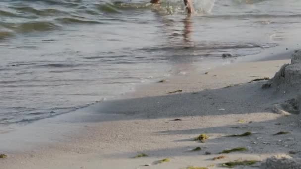 Mořský příboj, detailní záběr na lidské nohy běžící z moře na břeh. — Stock video