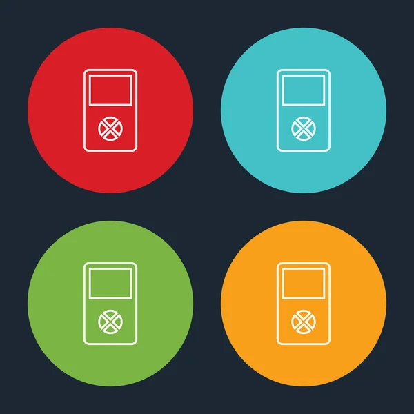 Icona della linea di lettori multimediali portatili molto utile su quattro opzioni rotonde di colore . — Vettoriale Stock