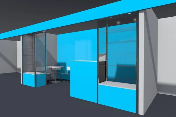 Visualización en 3D del stand con vitrinas, puestos de trabajo y mostrador de recepción —  Fotos de Stock
