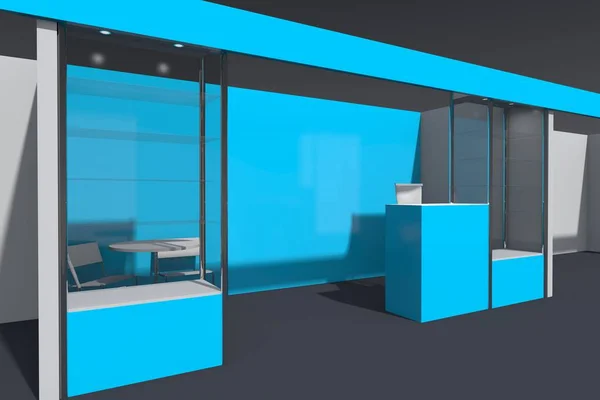 3d визуализация выставочного стенда с витринами, рабочими местами и стойкой регистрации — стоковое фото