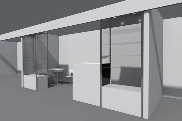 3d visualização do stand de exposições com vitrines, estações de trabalho e recepção — Fotografia de Stock