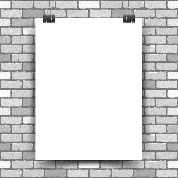 Ilustração vetorial de um cartaz branco pendurado em um clipe clerical em um fundo de parede de tijolo branco —  Vetores de Stock