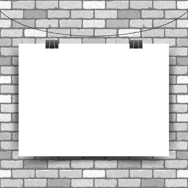 Ilustração vetorial de um cartaz horizontal branco pendurado em clipes clerical em um fundo de parede de tijolo branco — Vetor de Stock