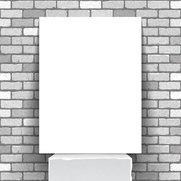 Illustrazione vettoriale di un poster verticale bianco in piedi su un supporto bianco contro uno sfondo muro di mattoni bianchi — Vettoriale Stock
