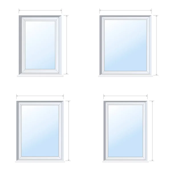 Ilustración vectorial de ventanas rectangulares de plástico con flechas exteriores para tamaños. La construcción de ventanas es sorda — Archivo Imágenes Vectoriales