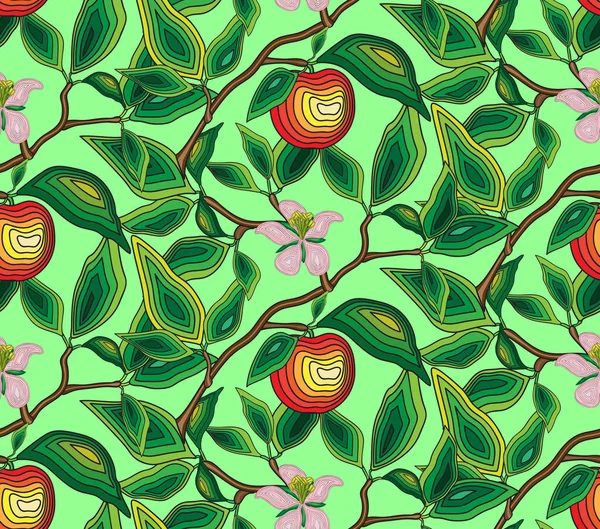 Motif branche sans couture d'un pommier avec une fleur et une pomme. Pour tissu, papier peint, papier d'emballage — Image vectorielle