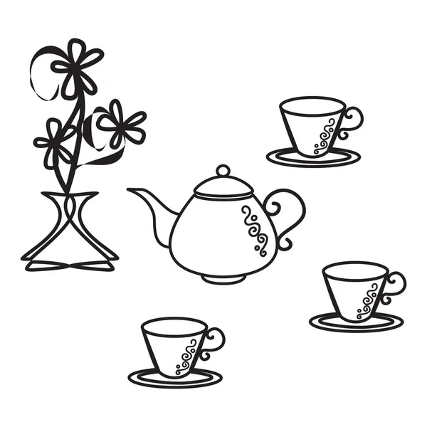 Set de thé, tasses, théière, vase avec des fleurs. Vecteur isolé noir simple . — Image vectorielle