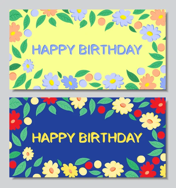 Cartes postales joyeux anniversaire, fleurs, fond bleu et jaune — Image vectorielle