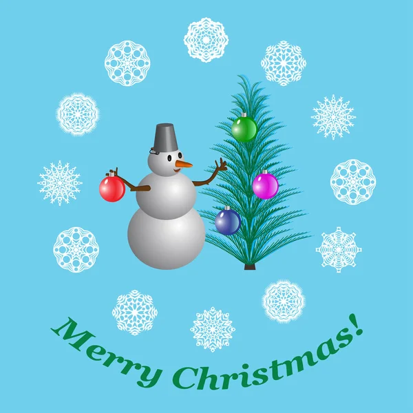 Christmas card with a snowman decorating a Christmas tree with Christmas balls, illustration