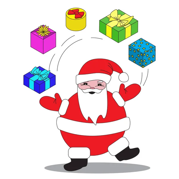 Navidad, Santa Claus hace malabares con regalos. Para postales, volantes, decoraciones . — Vector de stock