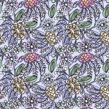 desen sorunsuz çiçek çiçekler, yapraklar, kaynaklanıyor ve tomurcukları ile siyah anahat farklı renklerde.