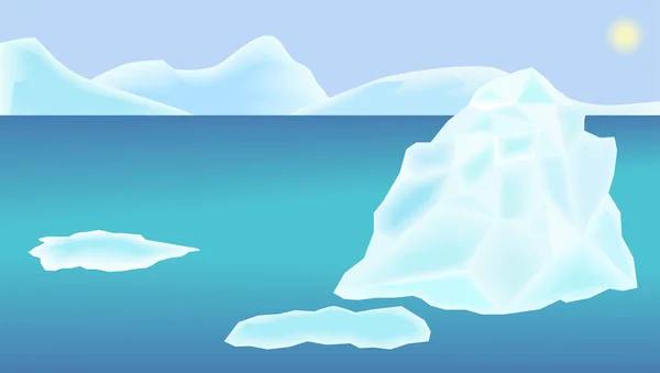 illustration of a landscape ocean, iceberg and ice floes, sky and sun.