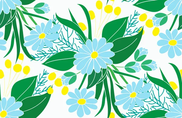 Padrão floral sem costura, margaridas azuis com folhas em um fundo branco.Para pano, papel de parede, papel de embrulho, panos oleosos . — Vetor de Stock