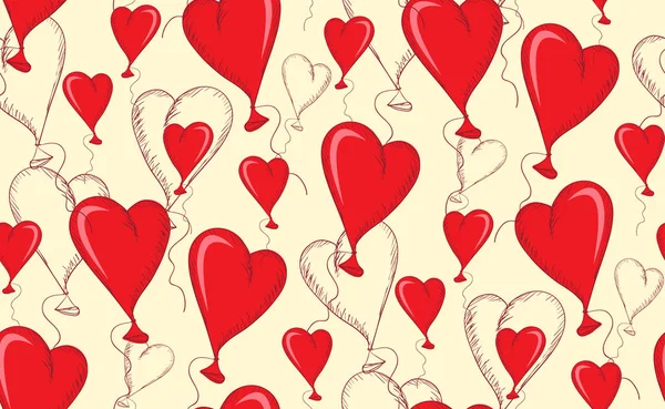 The pattern is seamless from hearts of red color and contours on a light background. For fabric, paper. — Stock Vector