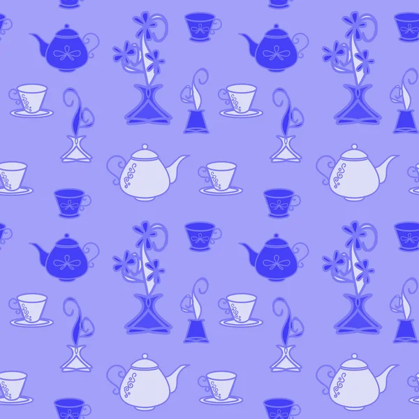 Pattern is seamless, monochrome, blue from kettles and cups for the kitchen. — Stock Vector