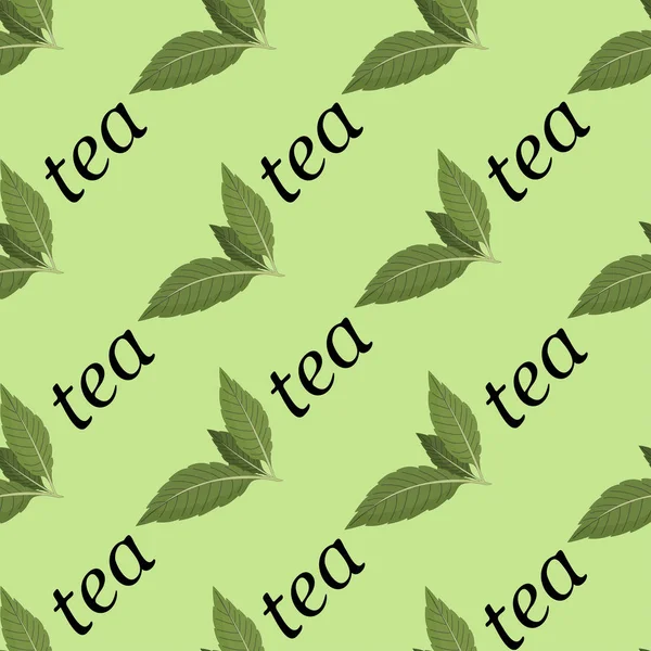 Ilustración vectorial de un patrón sin costuras de hojas de té y las palabras de té sobre un fondo claro . — Archivo Imágenes Vectoriales