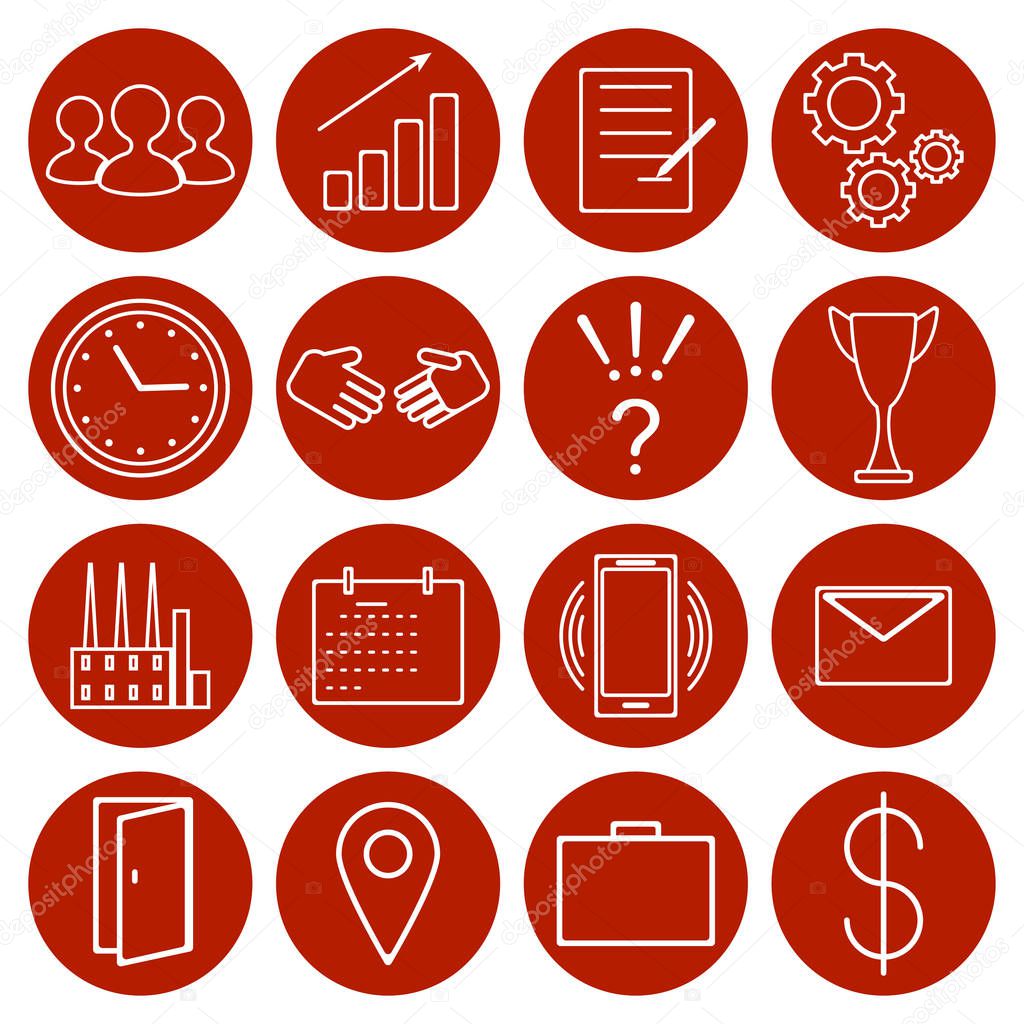 Set of simple flat icons. white outline on a red round background.