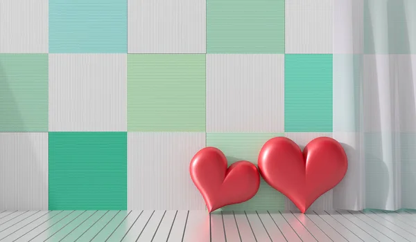 Dwa czerwone serca w pokoju. Drewniane ściany ozdobione są w jasnych kolorach i różnych. Pokoje w hotelu miłości na Walentynki. Tło i wnętrza. renderowania 3D. — Zdjęcie stockowe