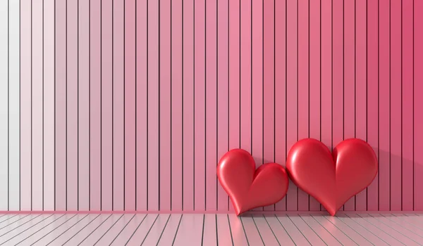 Dwa czerwone serce w pokoju. Drewniane ściany ozdobione są w jasnych kolorach i różnych. Pokoje w hotelu miłości na Walentynki. Tło i wnętrza. renderowania 3D. — Zdjęcie stockowe