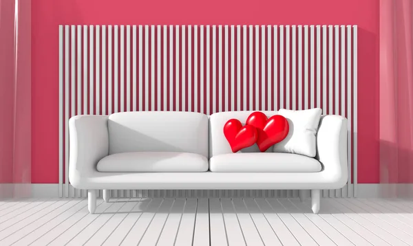 A sala de estar está decorada com a cor do amor da mobília. Amostra de móveis, como almofadas de coração, sofá branco, cortinas. Este quarto para o dia dos namorados e todos os dias de amor. Renderização 3D . — Fotografia de Stock