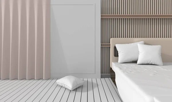 bedroom in soft light colors. decorate with slat wall, white wood  floor, pillow and blanket. Big comfortable  bed in  classic bedroom. 3D render.