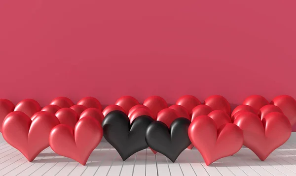 Dwa Mroczne Serce i wiele czerwone serce w pokoju. Ściany ozdobione są różowe jasne kolory. Pokoje w hotelu miłości na Walentynki. Tło i wnętrza. renderowania 3D. — Zdjęcie stockowe