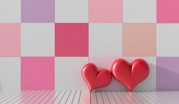Dwa czerwone serca w pokoju. Drewniane ściany ozdobione są w jasnych kolorach i różnych. Pokoje w hotelu miłości na Walentynki. Tło i wnętrza. renderowania 3D. — Zdjęcie stockowe