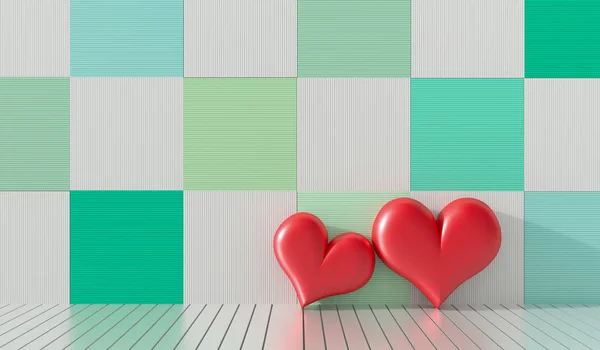 Dwa czerwone serce w pokoju. Drewniane ściany ozdobione są w jasnych kolorach i różnych. Pokoje w hotelu miłości na Walentynki. Tło i wnętrza. renderowania 3D. — Zdjęcie stockowe