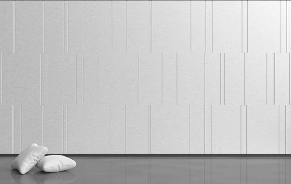 Biało szarego pusty pokój zdobią białe poduszki, ściany cementu białego jest wzór siatki i piętrze szarego cementu z odbicie naturalnego światła. renderowania 3D. — Zdjęcie stockowe