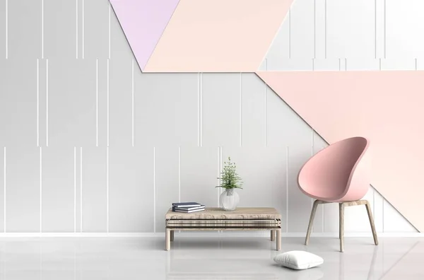 Λευκό-πορτοκαλί δωμάτιο είναι διακοσμημένο με ροζ-πορτοκαλί καρέκλα, δέντρο σε γυάλινο βάζο, λευκά μαξιλάρια, μπλε βιβλίο, λευκό και πορτοκαλί τσιμεντένιο τοιχίο είναι μοτίβο πλέγματος και το πάτωμα λευκό τσιμέντο. 3D καθιστούν. — Φωτογραφία Αρχείου