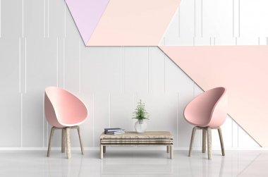 Beyaz-turuncu odası pembe-turuncu sandalye, ağaç cam vazo, beyaz yastıklar, mavi kitap, dekore ızgara desen ve Beyaz çimento zemin beyaz ve turuncu çimento duvar. 3D render.