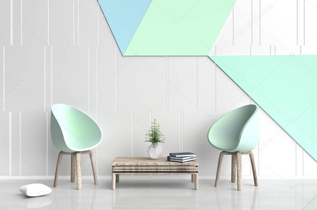 White-green room are decorated with two  green chair, tree in glass vase, white pillows, Blue book, white and green cement wall it is grid pattern and the white cement floor. 3d render.