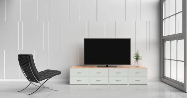 Smart tv na tv stand w białym salonie ozdobione białym tv podstawki z drewna, drzewa w szklany wazon, czarny fotel, cementu białego ściana jest wzór siatki, biała podłoga i okna światła. renderowania 3D. — Zdjęcie stockowe