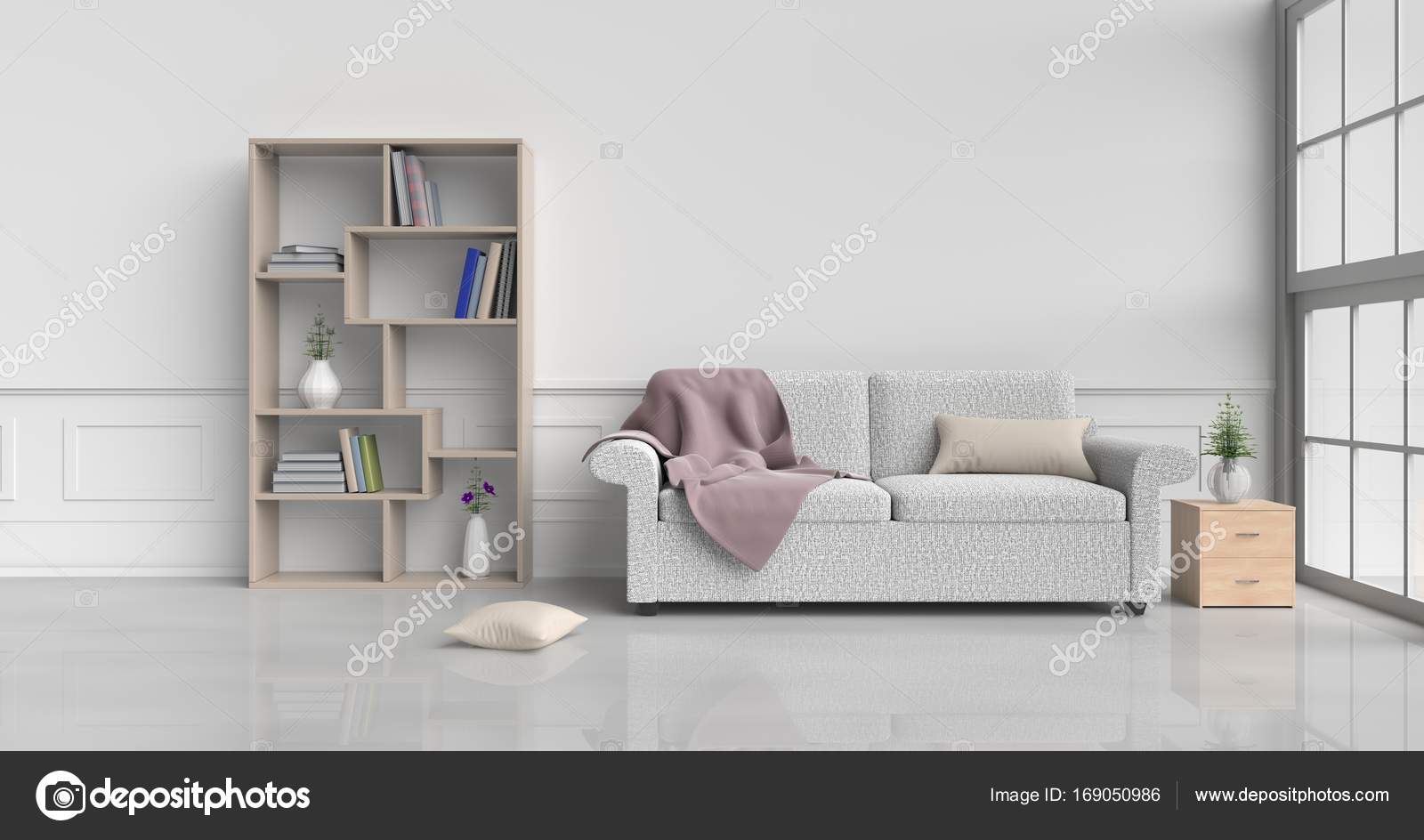 White Room Decorated With Cream Sofa Tree In Glass Vase Cream Pillows Wood Bedside Table Bookcase