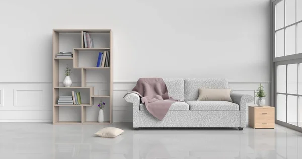 Λευκό δωμάτιο διακοσμημένο με κρέμα καναπέ, δέντρο σε γυάλινο βάζο, κρέμα μαξιλάρια, Ξύλινο Κομοδίνο, βιβλιοθήκη, κουβέρτα, παράθυρο, κρέμα χαλί τοίχου λευκό τσιμέντο είναι φαντασία, λευκό τσιμεντένιο πάτωμα. 3D rendering. — Φωτογραφία Αρχείου