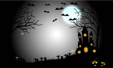 Cadılar Bayramı Balkabağı ve karanlık çapraz, ağaç, yarasa ve mezarı üzerine ışık mavi ay ve karanlık kale arka plan, illüstrasyon